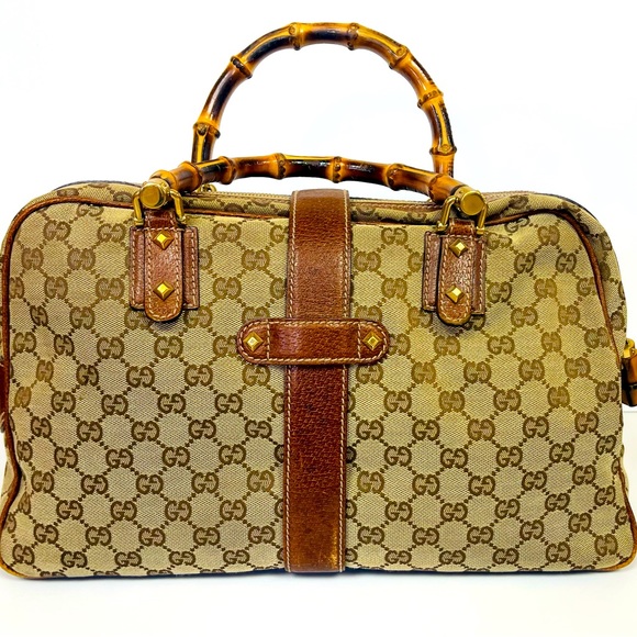 Vintage Gucci Monogram Bamboo Handle Handbag - Picture 5 of 11